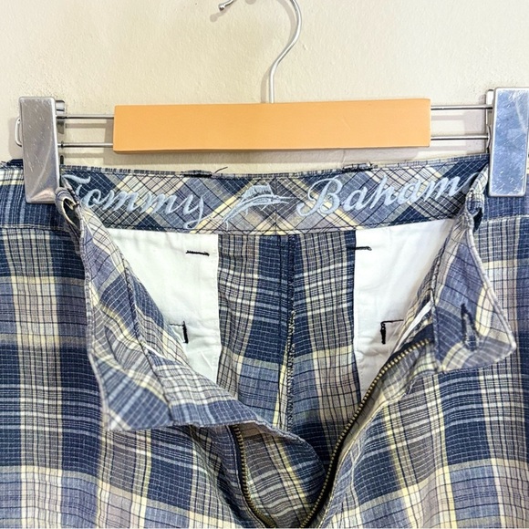 Vintage Tommy Bahama Blue Plaid Flat Front Shorts 75% Linen 25% Silk - Picture 9 of 15